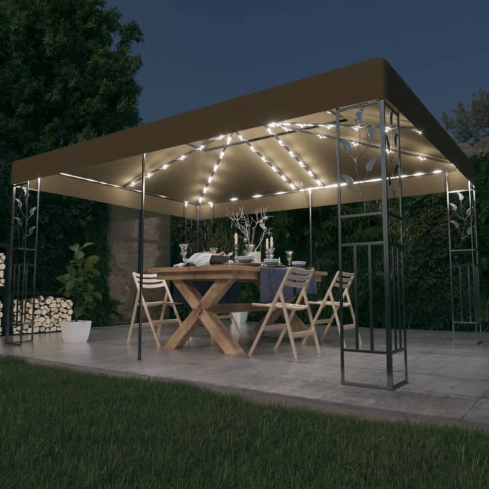 Pavillon mit Doppeldach & LED-Lichterkette 3x4 m Taupe