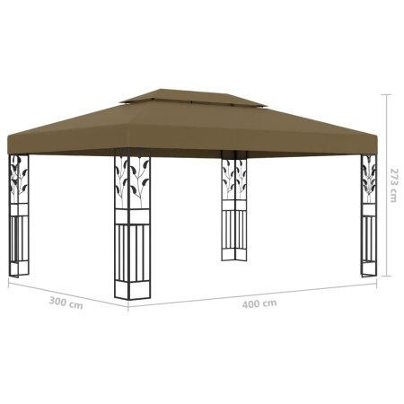Pavillon mit Doppeldach & LED-Lichterkette 3x4 m Taupe