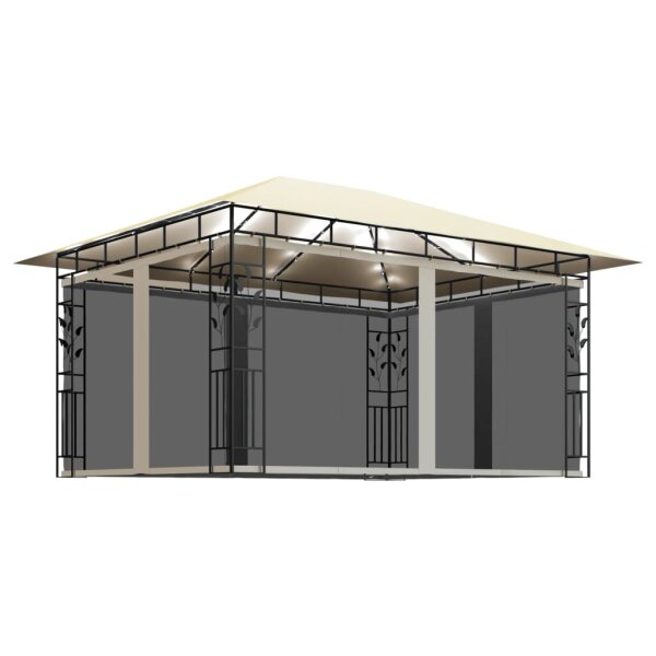 Pavillon mit Moskitonetz & LED-Lichterkette 4x3x2,73m Cremeweiß