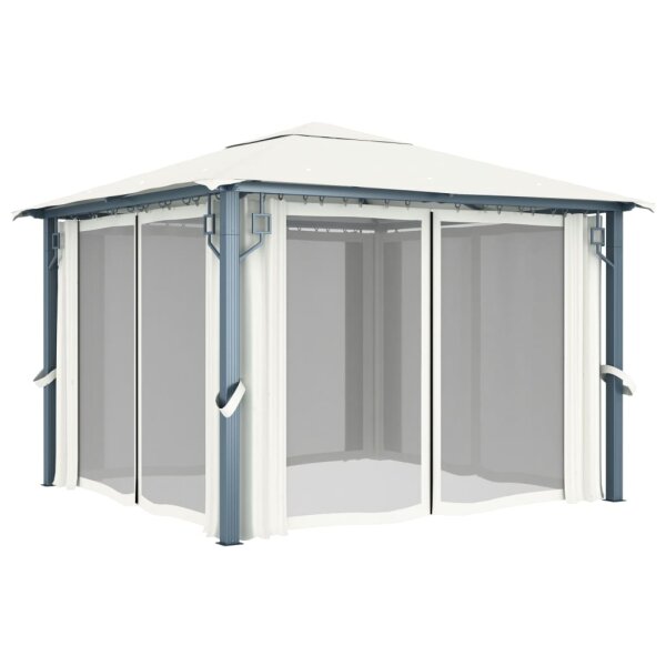 Pavillon mit Vorhängen & LED-Lichterkette 300x300 cm Creme Alu