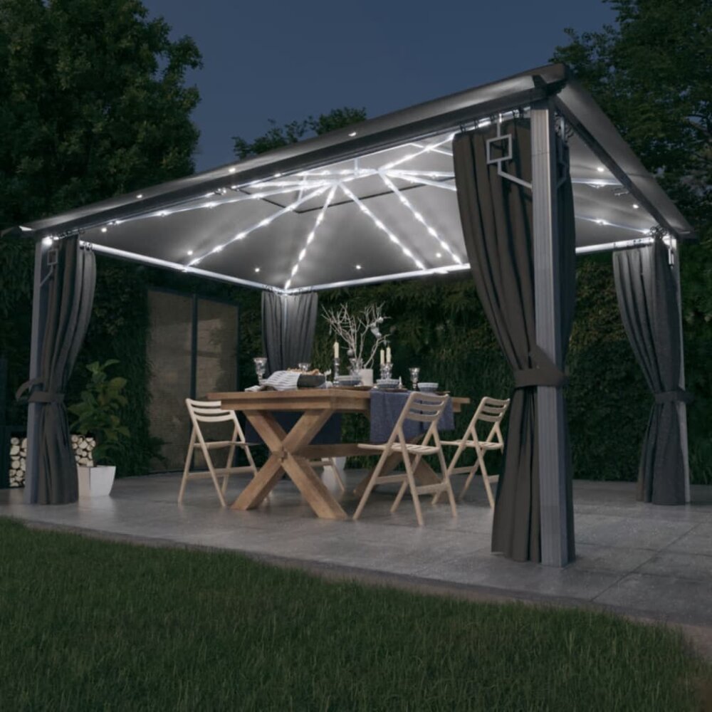 Pavillon mit Vorhängen & LED-Lichterkette 400x300 cm Anthrazit Alu