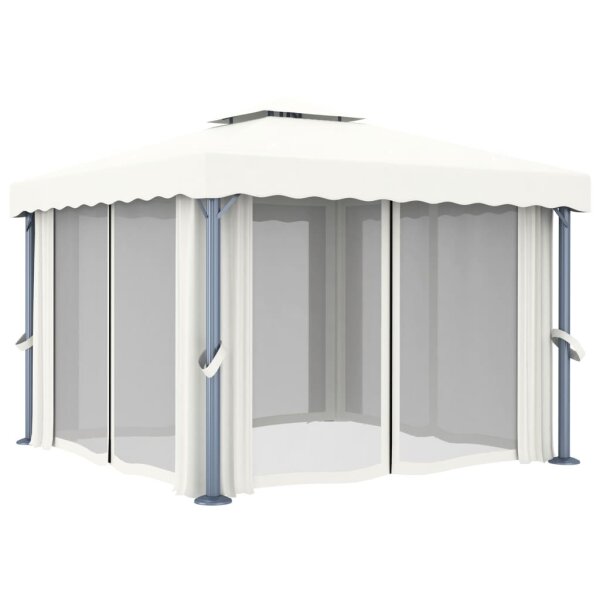 Pavillon mit Vorhängen & LED-Lichterkette 3x3 m Cremeweiß