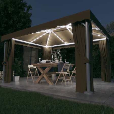 Pavillon mit Vorhängen & LED-Lichterkette 4x3 m Taupe